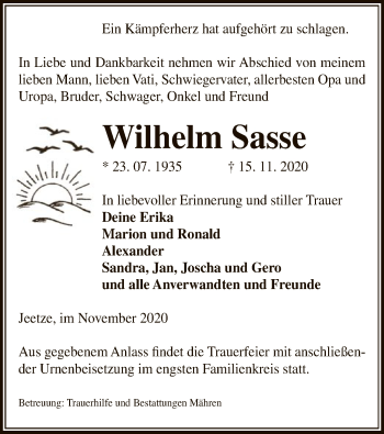 Traueranzeige von Wilhelm Sasse von UEL