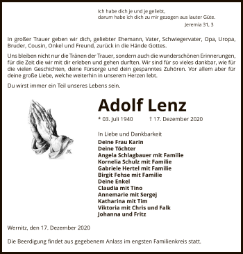 Traueranzeige von Adolf Lenz von UEL