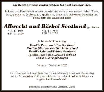 Traueranzeige von Albrecht und Bärbel Scotland von UEL