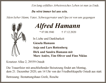 Traueranzeige von Alfred Hamann von UEL