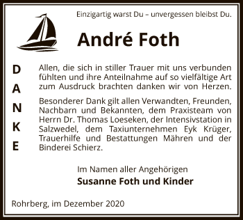 Traueranzeige von Andre Foth von UEL