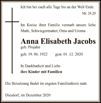 Traueranzeige von Anna Elisabeth Jacobs von UEL