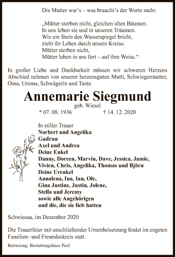 Traueranzeige von Annemarie Siegmund von UEL