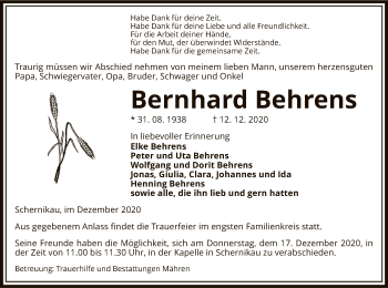 Traueranzeige von Bernhard Behrens von UEL