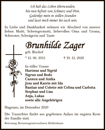 Traueranzeige von Brunhiffe Zager von UEL