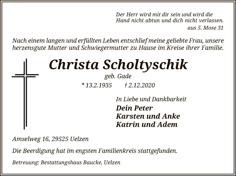  Traueranzeige für Christa Scholtyschik vom 12.12.2020 aus UEL