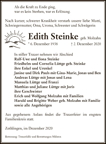 Traueranzeige von Edith Steinke von UEL