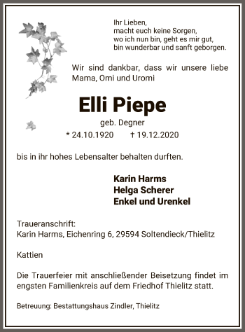 Traueranzeige von Elli Piepe von UEL