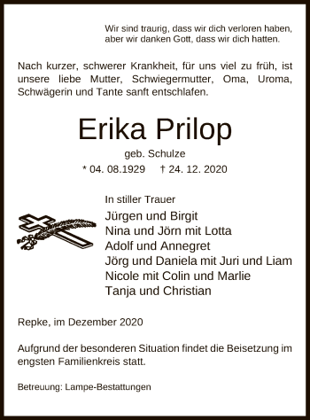 Traueranzeige von Erika Prilop von UEL