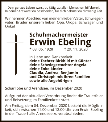 Traueranzeige von Erwin Ebeling von UEL
