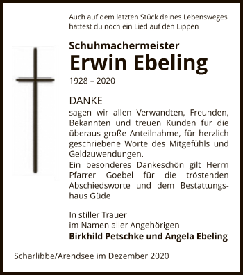Traueranzeige von Erwin Ebeling von UEL