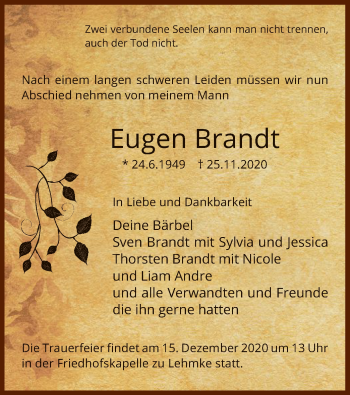 Traueranzeige von Eugen Brandt von UEL