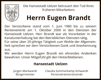 Traueranzeige von Eugen Brandt von UEL