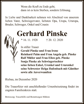 Traueranzeige von Gerhard Pinske von UEL