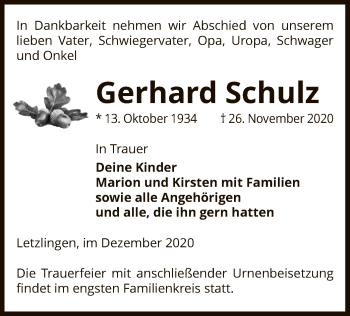 Traueranzeige von Gerhard Schulz von UEL