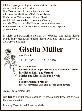 Traueranzeige von Gisella Müller von UEL