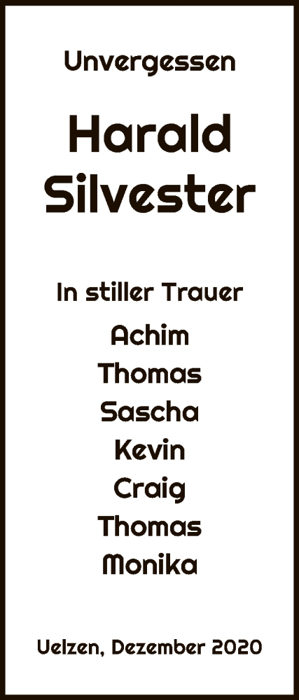  Traueranzeige für Harald Silvester vom 24.12.2020 aus UEL