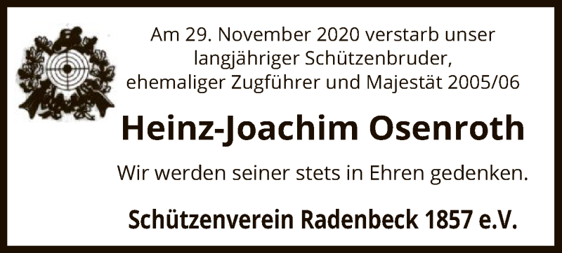  Traueranzeige für Heinz-Joachim Osenroth vom 03.12.2020 aus UEL