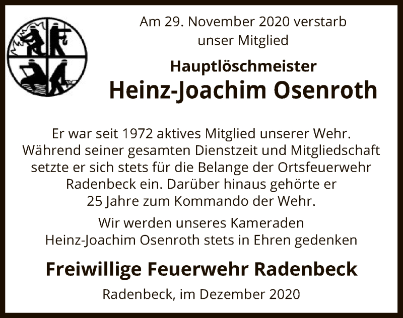  Traueranzeige für Heinz-Joachim Osenroth vom 03.12.2020 aus UEL