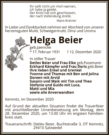 Traueranzeige von Helga Beier von UEL