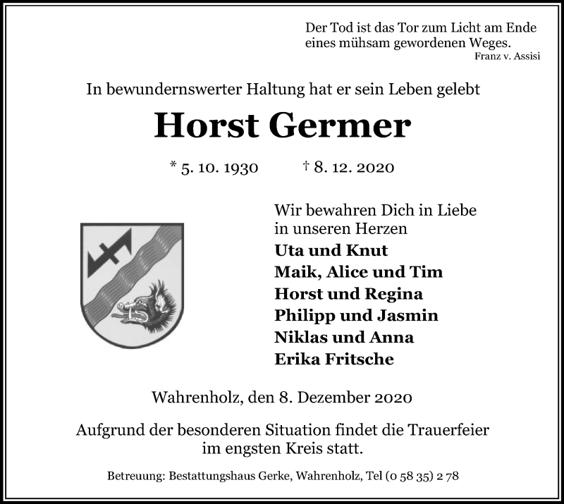 Traueranzeige für Horst Germer vom 11.12.2020 aus UEL