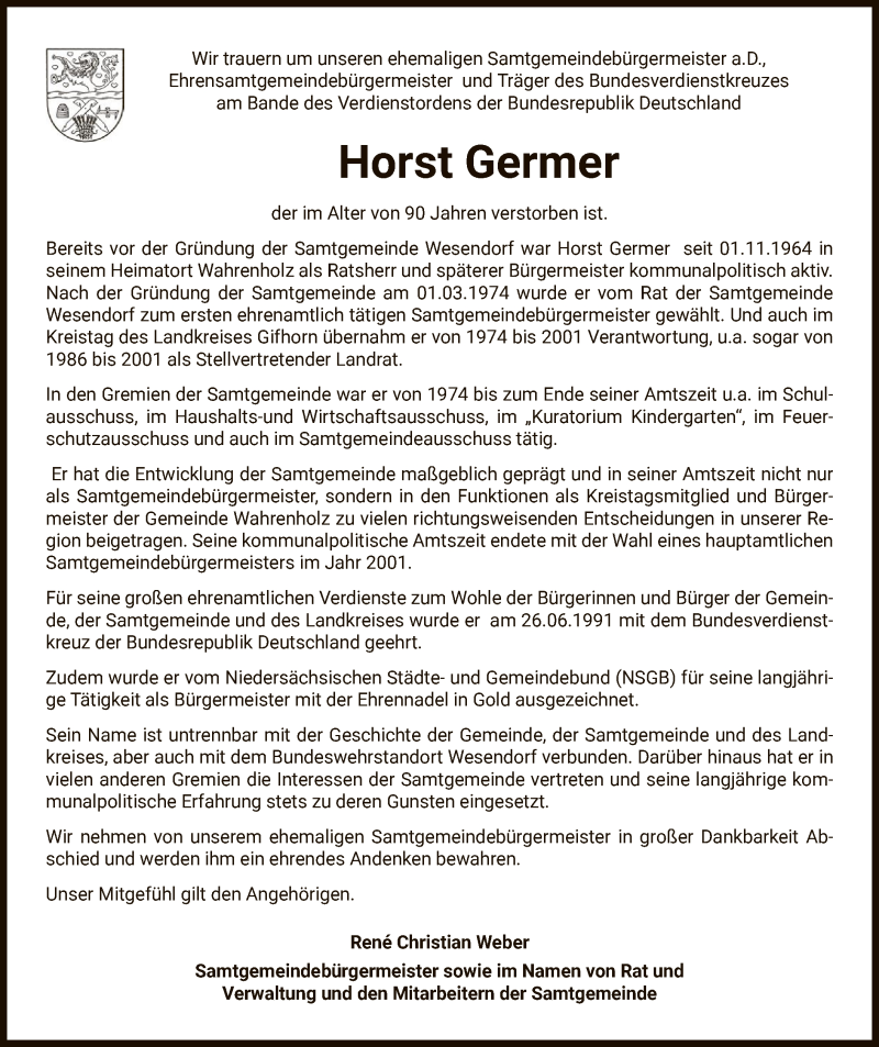  Traueranzeige für Horst Germer vom 11.12.2020 aus UEL