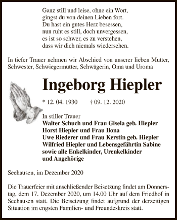 Traueranzeige von Ingeborg Hiepler von UEL