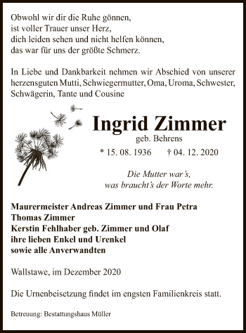 Traueranzeige von Ingrid Zimmer von UEL