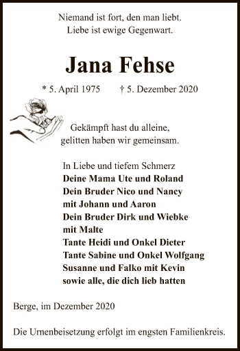 Traueranzeige von Jana Fehse von UEL