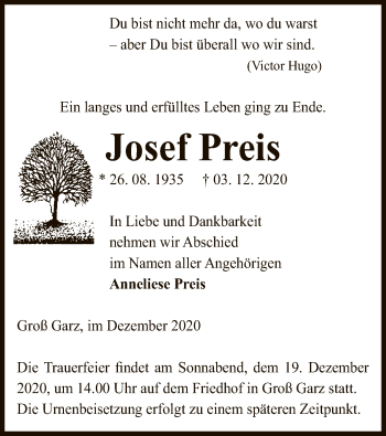 Traueranzeige von Josef Preis von UEL