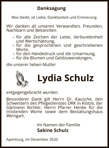 Traueranzeige von Lydia Schulz von UEL