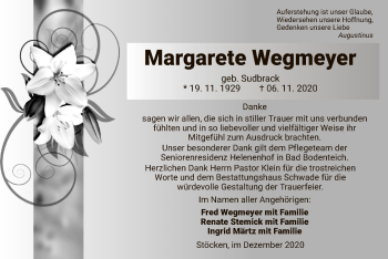 Traueranzeige von Margarete Wegmeyer von UEL