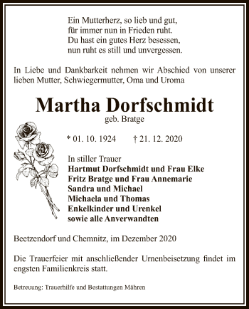 Traueranzeige von Martha Dorfschmidt von UEL