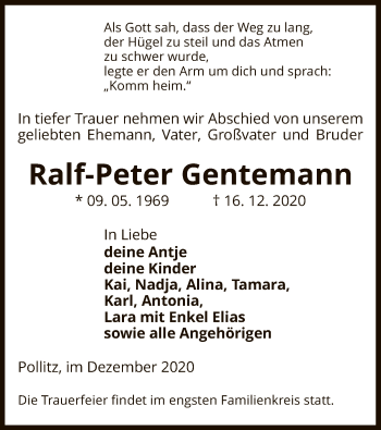 Traueranzeige von Ralf-Peter Gentemann von UEL