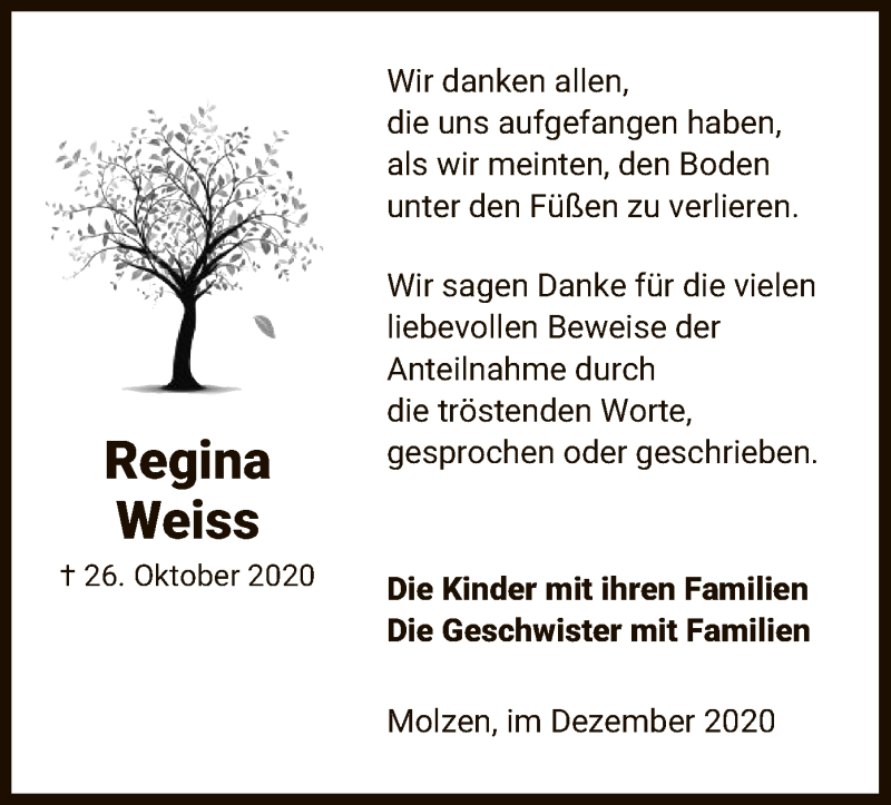  Traueranzeige für Regina Weiss vom 15.12.2020 aus UEL