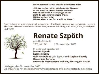 Traueranzeige von Renate Szpöth von UEL