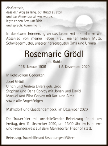 Traueranzeige von Rosemarie Grödl von UEL