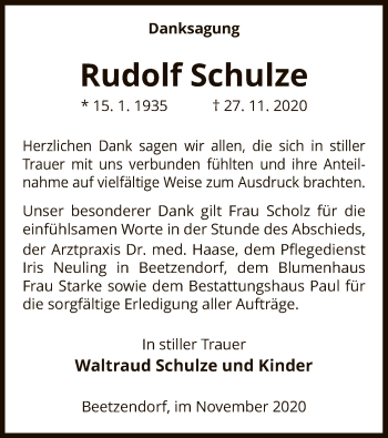 Traueranzeige von Rudolf Schulze von UEL