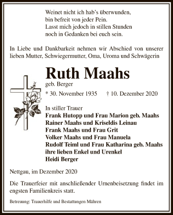 Traueranzeige von Ruth Maahs von UEL