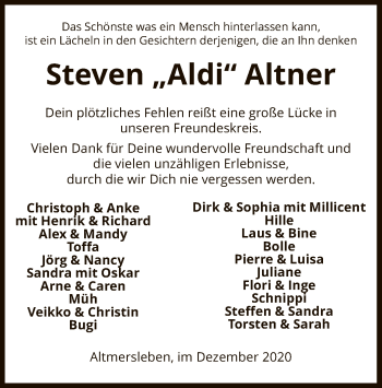 Traueranzeige von Steven Altner von UEL