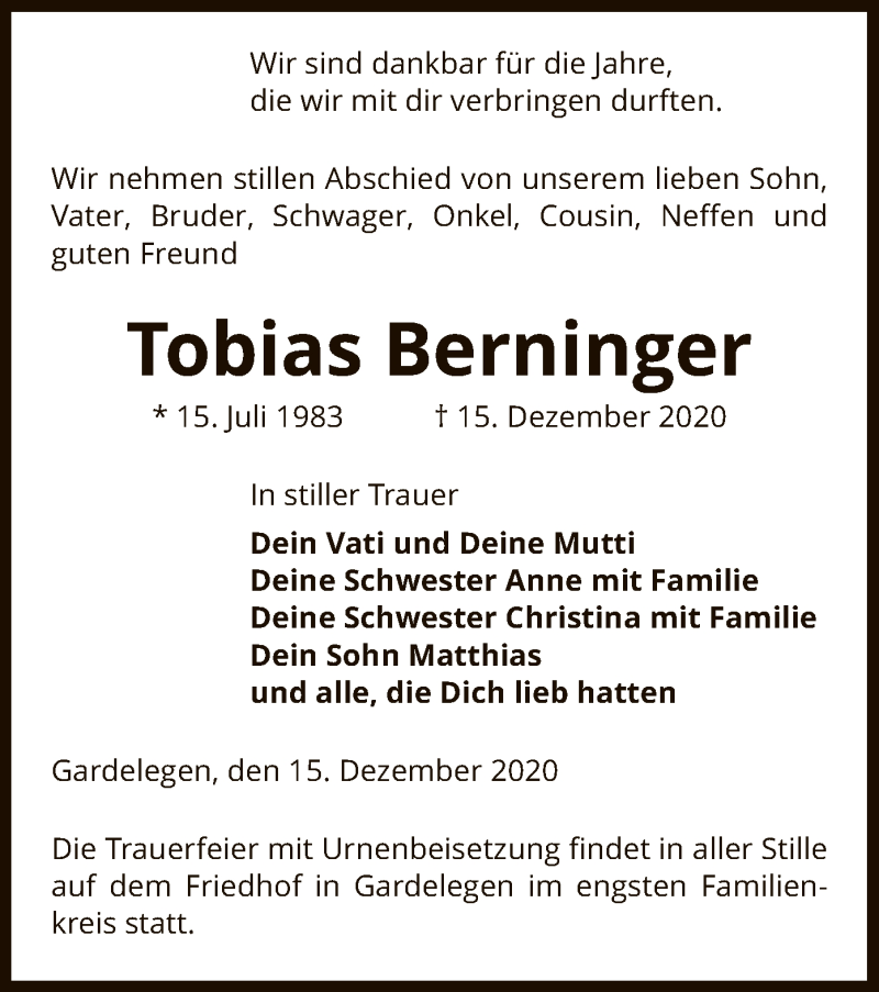  Traueranzeige für Tobias Berninger vom 18.12.2020 aus UEL