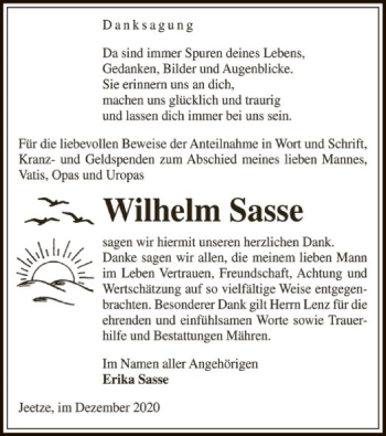 Traueranzeige von Wilhelm Sasse von UEL