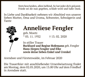 Traueranzeige von Anneliese Fengler von Uelzen