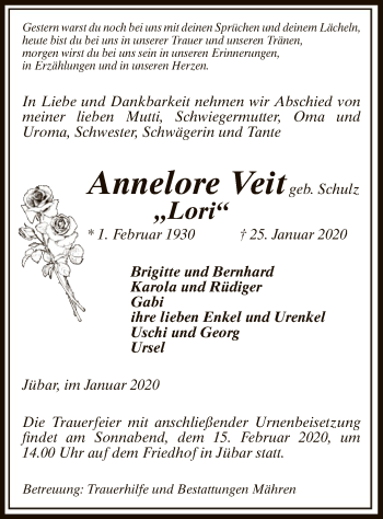 Traueranzeige von Annelore Veit von Uelzen