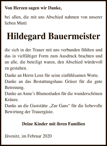 Traueranzeige von Bauermeister Hildegard von Uelzen