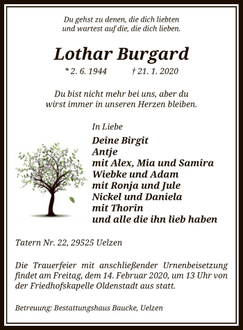 Traueranzeige von Burgard Lothar von Uelzen