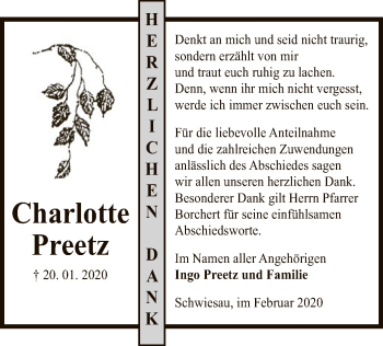 Traueranzeige von Charlottte Preetz von Uelzen