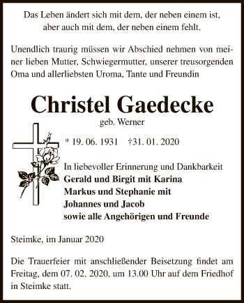 Traueranzeige von Christel Gaedecke von Uelzen