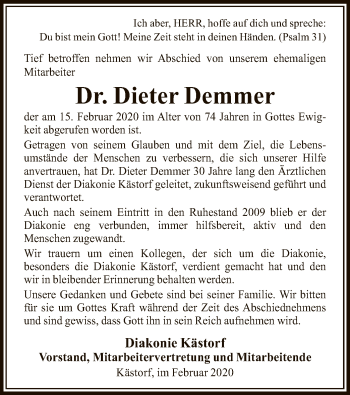 Traueranzeige von Dieter Demmer von Uelzen