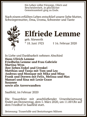 Traueranzeige von Elfriede Lemme von Uelzen